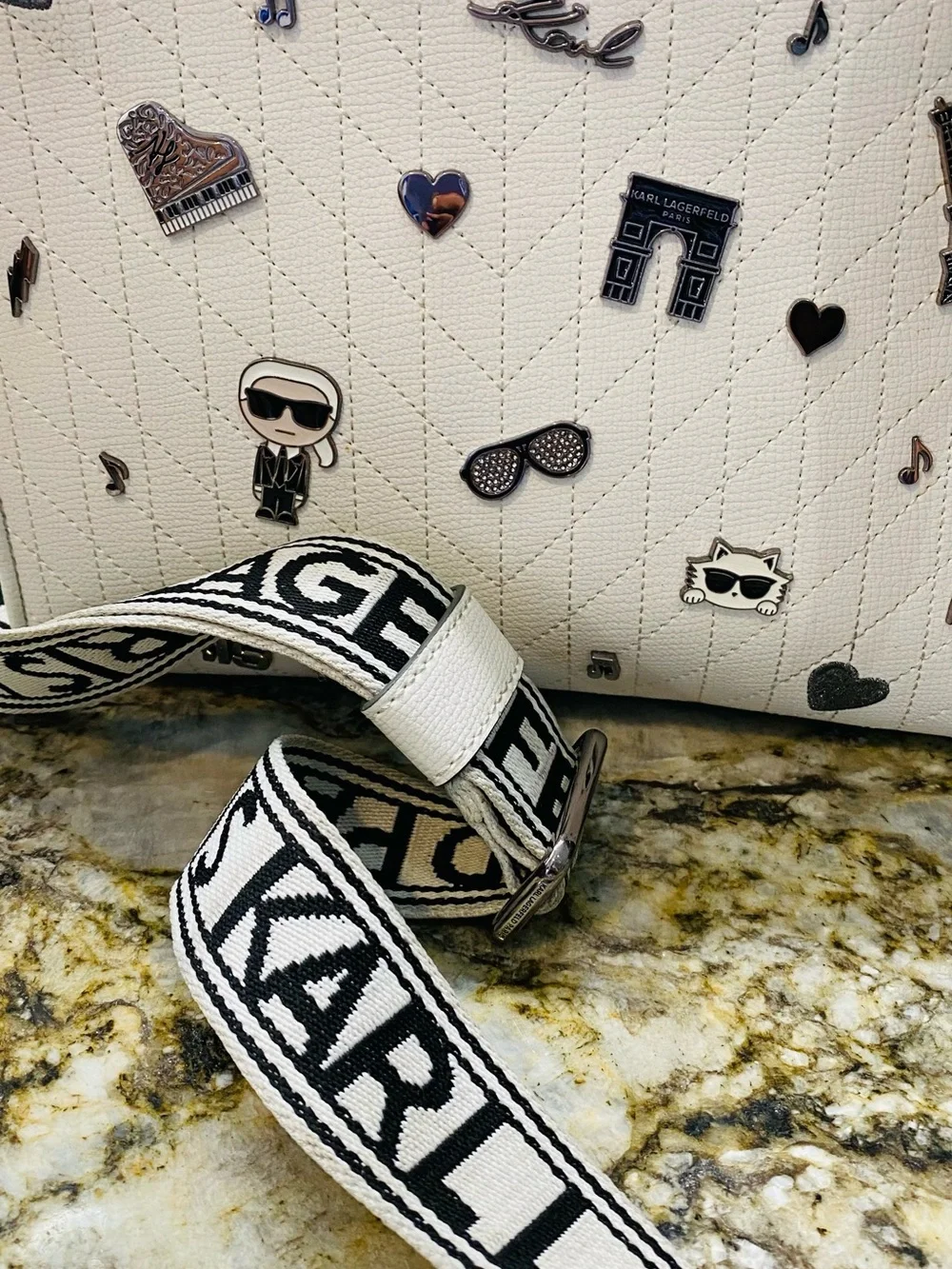 Karl Lagerfeld White Quilted Embellished Shoulder Bag